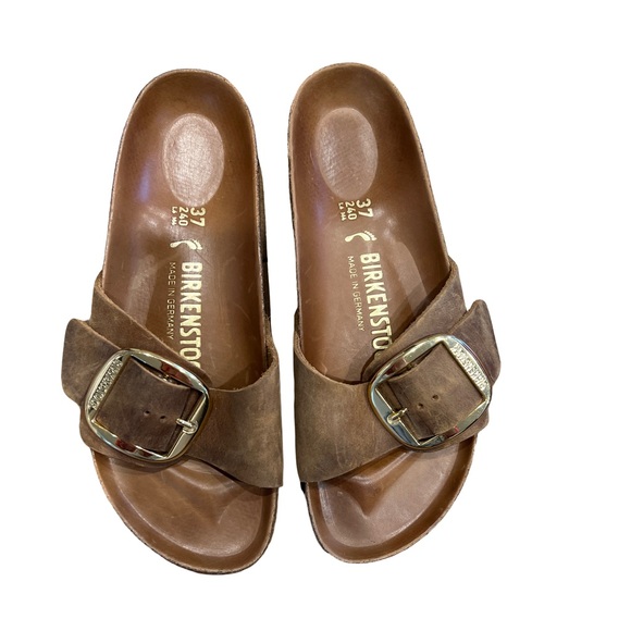 Birkenstock Tan Suede Slides with Gold Buckle - Picture 1 of 7